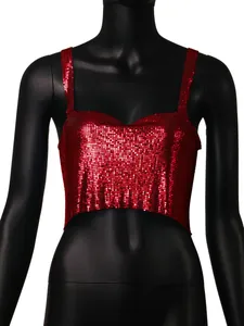 Close-up detail of sexy red metallic sequin camisole crop top for women on mannequin