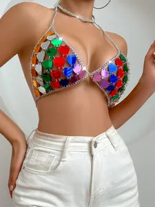 Sexy backless acrylic heart scale crop top with rainbow colorful mirror plates