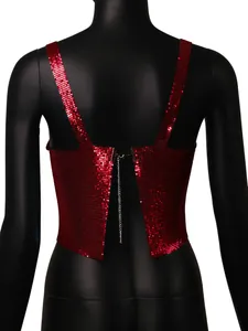 Back view of red sequined metallic mesh crop top with open back and chain detail