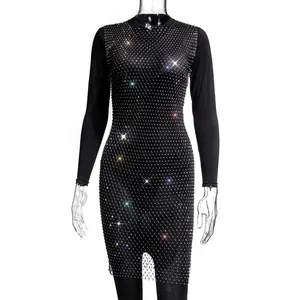 Elegant black long-sleeved dress with sparkling rhinestone mesh detail overlay for women