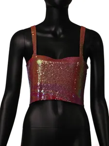 Close-up of vibrant iridescent sequin metallic crop camisole top on a black mannequin