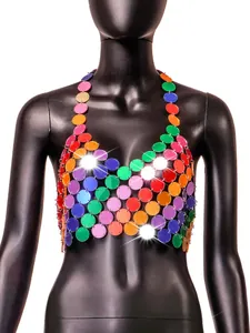 Detailed macro view of vibrant multicolor acrylic sequin backless halter top for clubwear