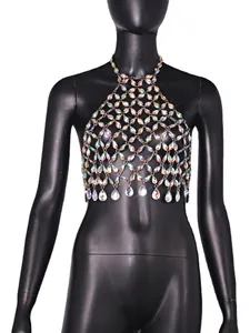 Top halter scintillante in cristallo colorato con rete cava e ciondoli per feste