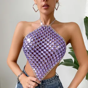 Sexy top a cavezza in cristallo viola con catene d'argento per feste estive e rave