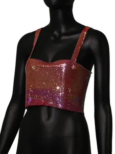 Detailed close-up of a shimmering metallic sequin tank top on a black mannequin for evening