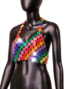 Close-up of a vibrant multi-color acrylic disc halter neck backless top on a mannequin.