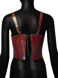 Detailed back view of holographic sequin metal chainmail crop top with adjustable chain