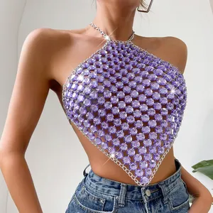Top corto sexy con cavezza in strass viola per donna, abbigliamento da festa estivo brillante