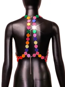 Vibrant colorful acrylic sequin backless halter body chain vest for clubbing and parties