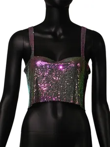 Detailed close-up of iridescent holographic sequined metal mesh crop top for women