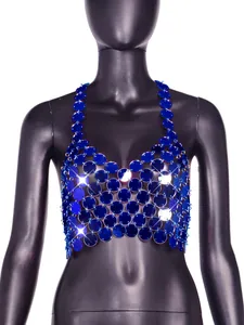 Detailed front view of blue acrylic disc sequin halter top for nightclub party fashion