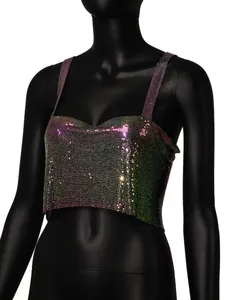 Detailed view of the iridescent metallic sequin crop top with shimmering mesh texture.