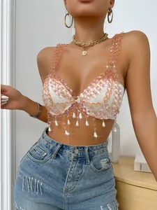 Women Sexy Nightclub Beaded Chain Strap Tube Top Artificial Pearl Pendants Satin Base Bohemian Camisole Party Clubwear Top