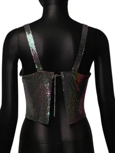 Back detail of shimmering iridescent metal mesh sequin crop top with chain closure