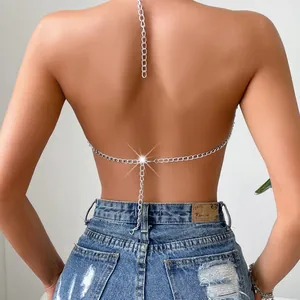 Sexy top all'americana a catena metallica argento donna schiena scoperta stile estivo