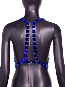 Detailed back view of a sexy blue acrylic disc sequin halter top body chain for clubwear