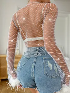 Detailed back view of a sparkly rhinestone fishnet long sleeve mesh top for women