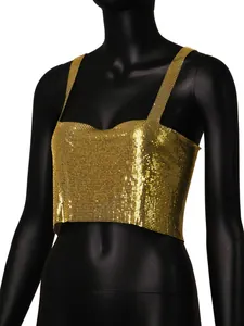 Detail view of a sexy golden sequin metal mesh crop top camisole on a mannequin
