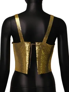Close-up back view detail of a gold metallic sequin camisole featuring a chain closure