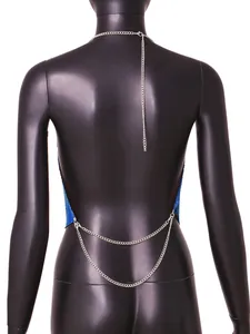 Detailed back view of a sexy blue metal sequin halter top with silver chain details