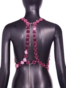 Back view detail of a pink acrylic disc chain halter top for nightclub party wear