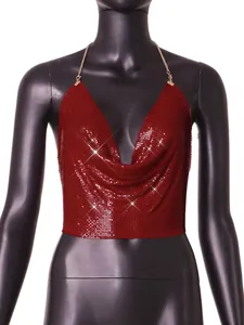 Detail view of a sexy red metal sequin backless halter top on a black mannequin