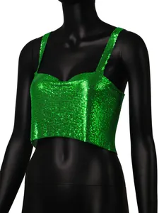 Green metallic sequin camisole crop top for women, close-up of shiny textured mesh fabric