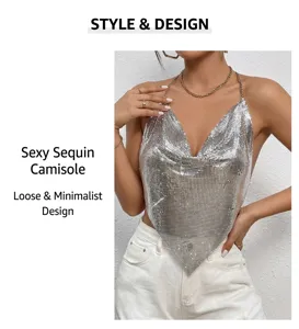 Close-up detail of sexy backless silver metallic sequin halter top with chain straps