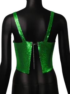 Detail view of green sequin metal mesh camisole top with open back and chain closure