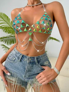 Detailed shot of a sexy iridescent triangle gemstone body chain bra for beach or clubwear