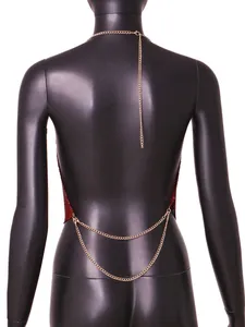 Detailed back view of a sexy red metallic sequin halter top with golden chains on a mannequin