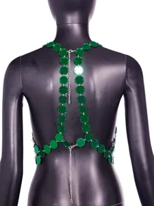 Back view of a sexy green acrylic sequin body chain halter top for parties