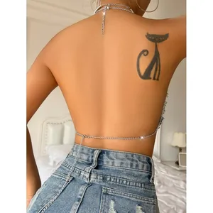 Sexy backless silver chain halter neck vest with acrylic heart embellishments for summer