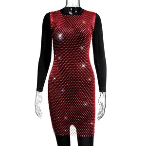 Close-up view of elegant red rhinestone mesh mini dress with sparkling crystals for women