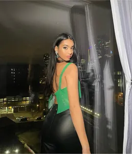 Sexy green sequined metallic halter crop top for women party fashion night out wear