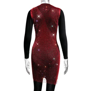 Elegant red mesh dress with sparkling rhinestones back view detail for evening parties