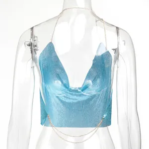 Top sexy con paillettes blu metallizzato, scollo a cappuccio e schiena nuda