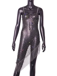 Sexy transparent mesh dress with plum blossom rhinestone pattern and long fringes