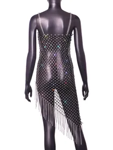 Back view detail of sexy black mesh dress with rhinestones and plum blossom fringe