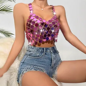 Women Sexy Acrylic Sequin Paillette Halter Top Backless Nightclub Party Patchwork Crop Tank Top Y20126
