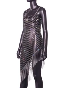 Side view detail of sexy hollow-out plum blossom mesh dress with sparkling rhinestones and fringe