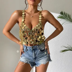 Sexy gold metallic disc halter top for nightclub party wear and festivals