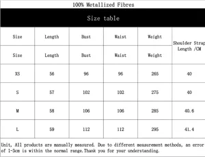 Detailed size chart for sexy metal acrylic gem backless chain vest with measurements