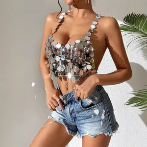 Sexy silver acrylic disc halter backless crop top for nightclub party and rave wear