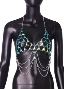 Detailed view of iridescent triangle gem bikini body chain for beach and nightclub wear