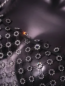Close-up detail of sexy black mesh dress with flower rhinestone embellishments.