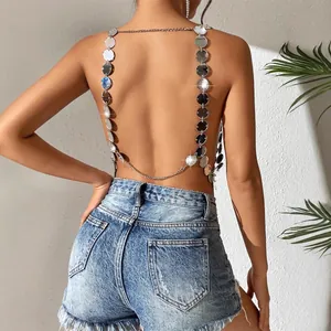 Sexy backless halter neck vest with silver acrylic sequins for stylish nightclub fashion