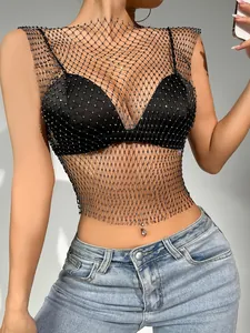 Detailed view of women's sexy rhinestone fishnet mesh tank top for nightclub style