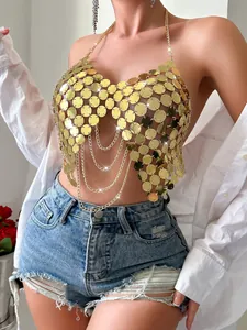Top de bikini halter con lentejuelas doradas y cadenas para ropa de fiesta nocturna
