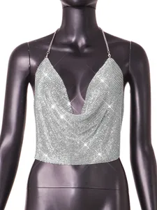 Shiny silver rhinestone halter neck crop top featuring a draped cowl neckline